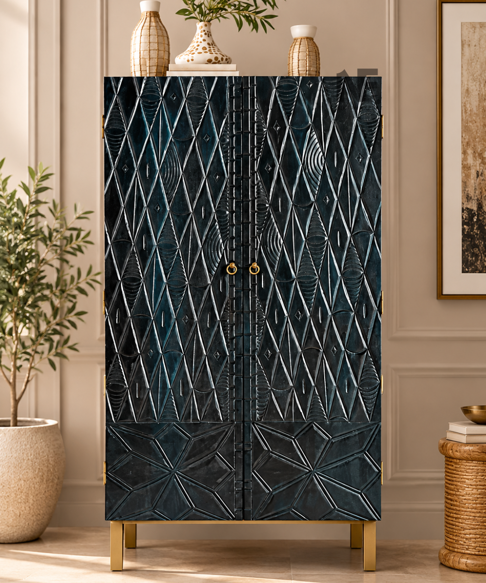 Dark blue geometric carved wooden armoire front view