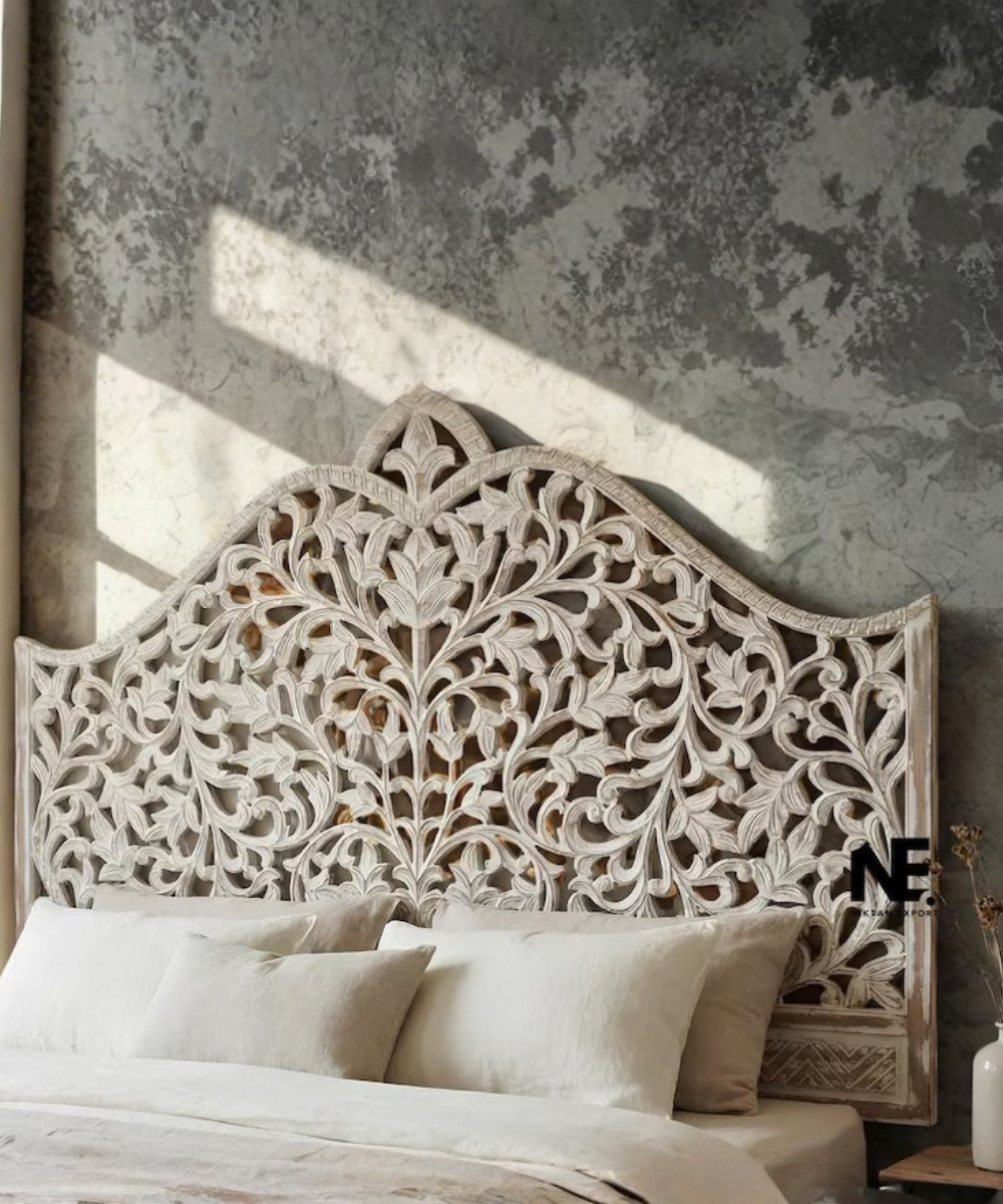Whitewashed floral mango wood headboard