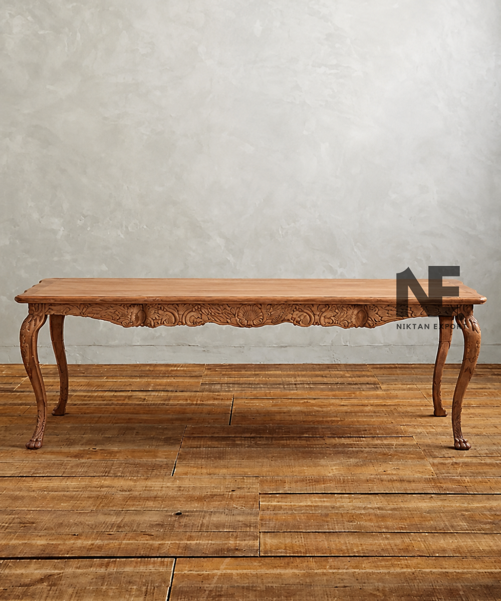 Handcrafted wooden dining table with intricate animal carvings