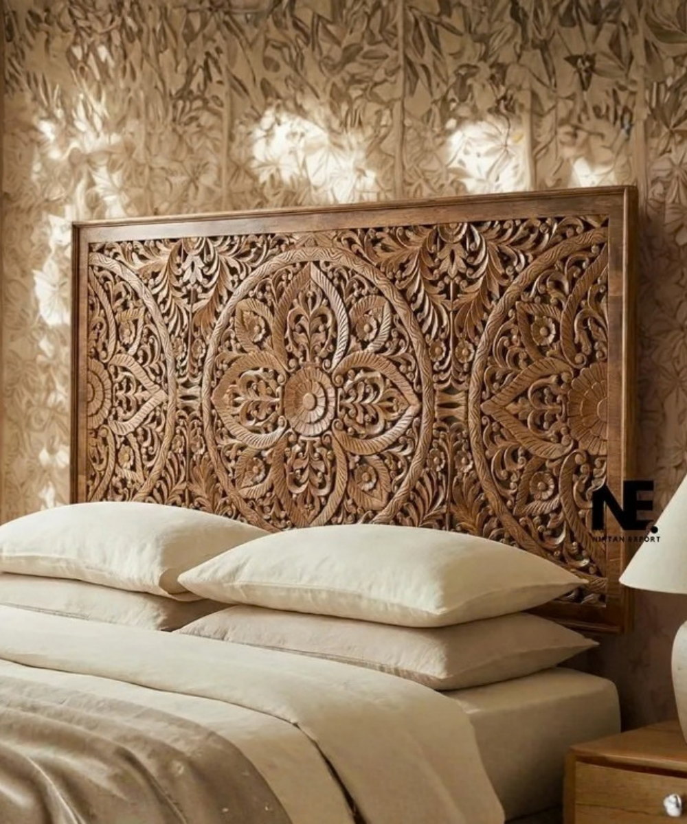 Hand-carved wooden headboard with openwork carving