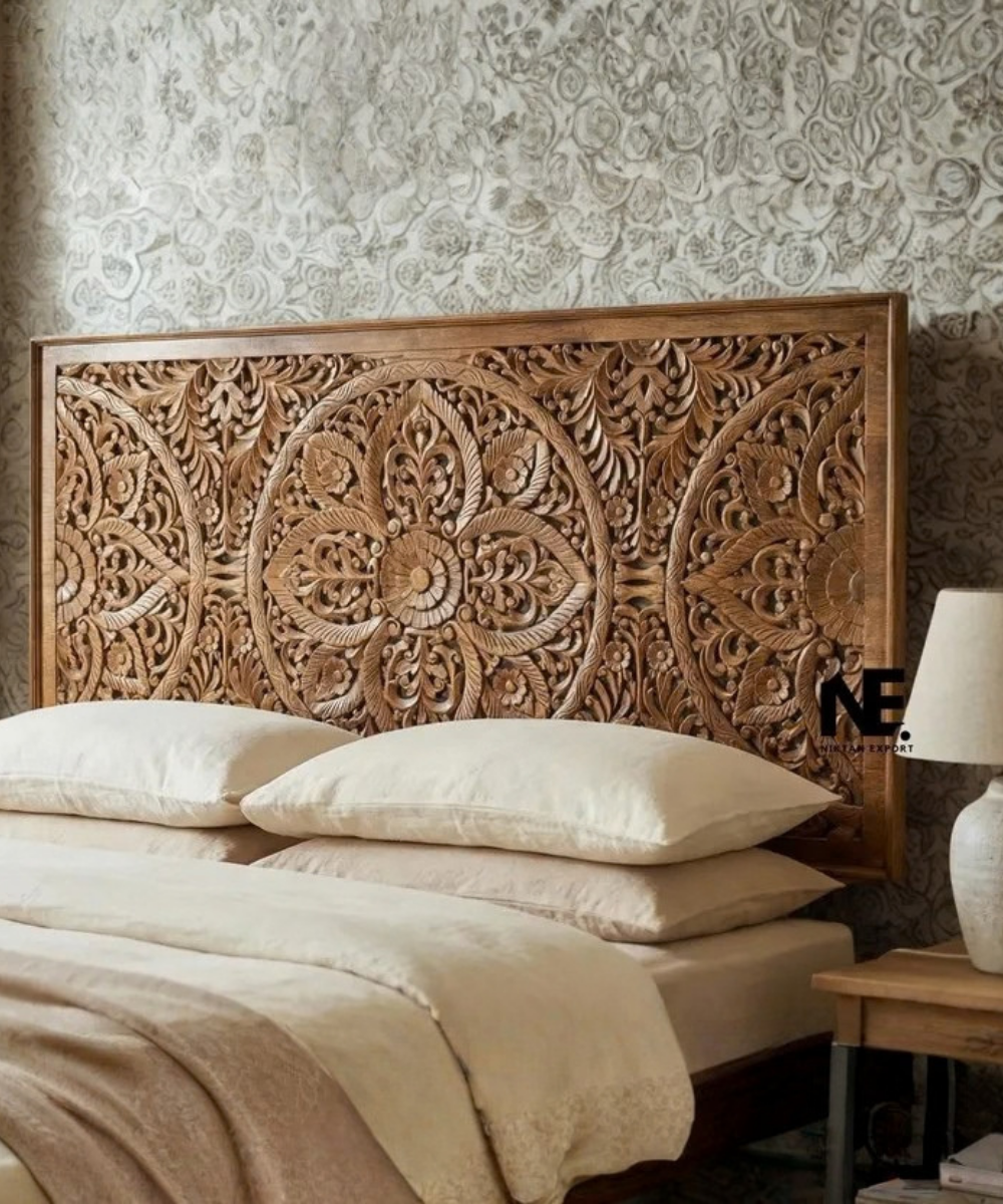 Natural finish hand-carved mango wood headboard
