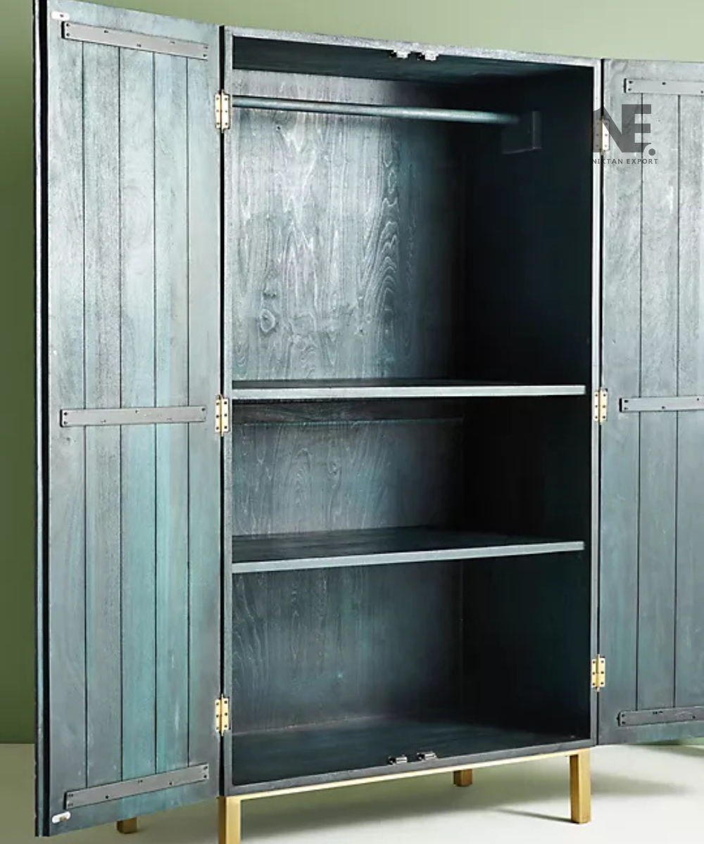Dark blue two-door wooden storage cabinet with brass-tone legs