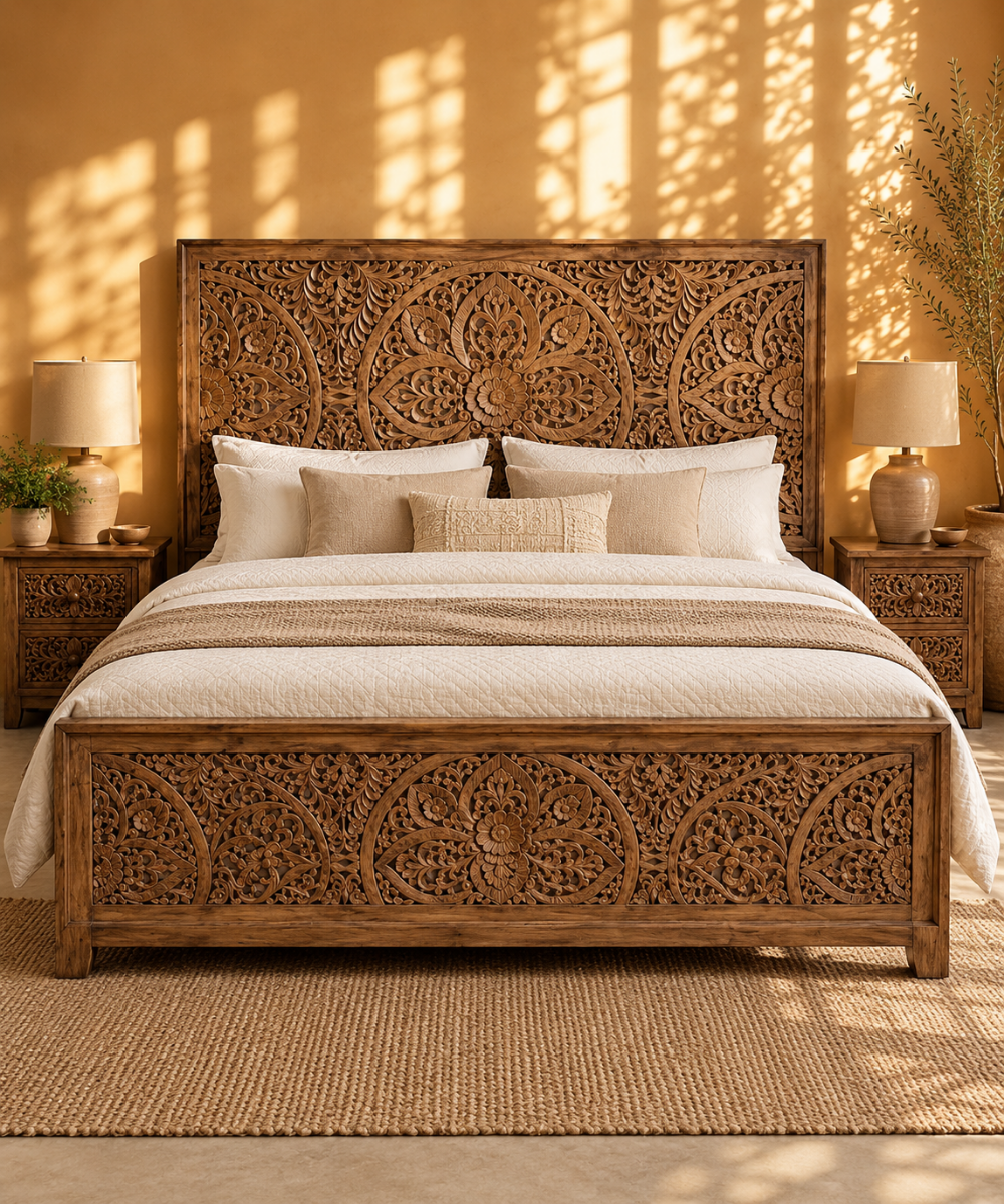Hand-carved mango wood headboard with floral mandala design