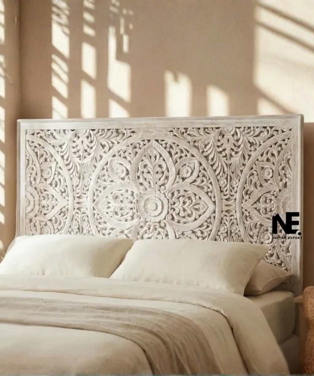 Wall-mounted hand-carved wooden headboard