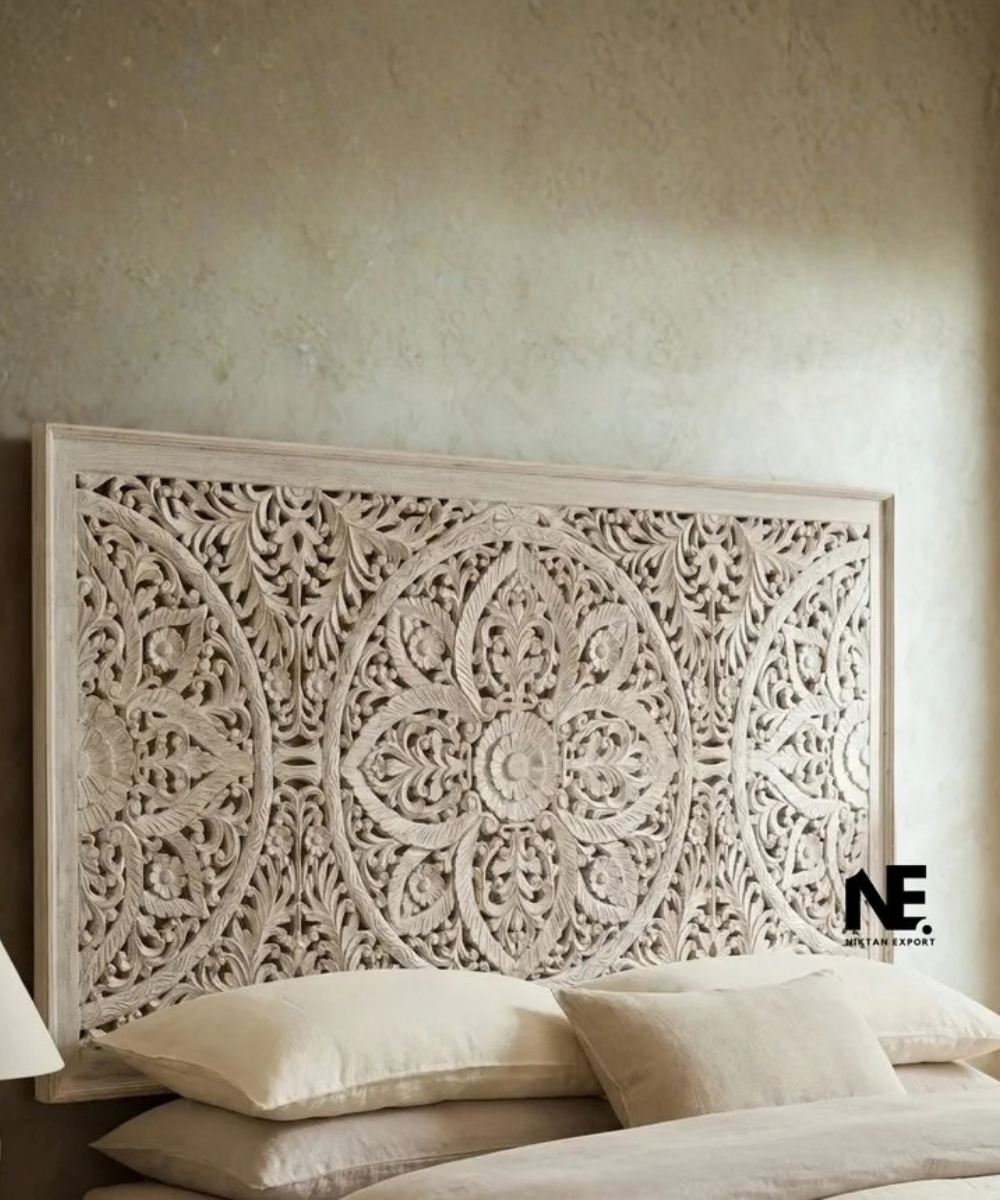 Whitewashed mango wood headboard with floral carving