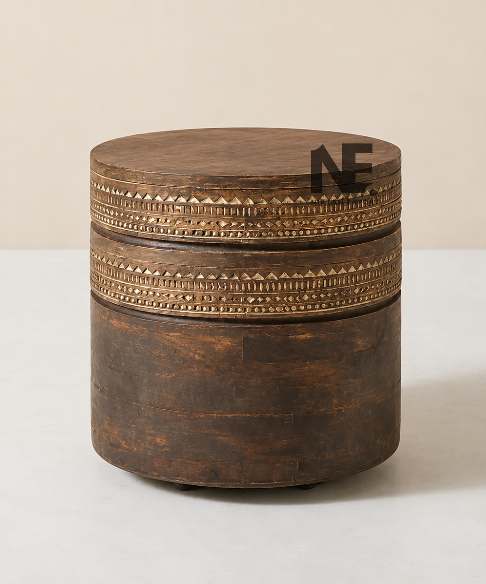 Rustic carved wooden stool and side table in walnut finish