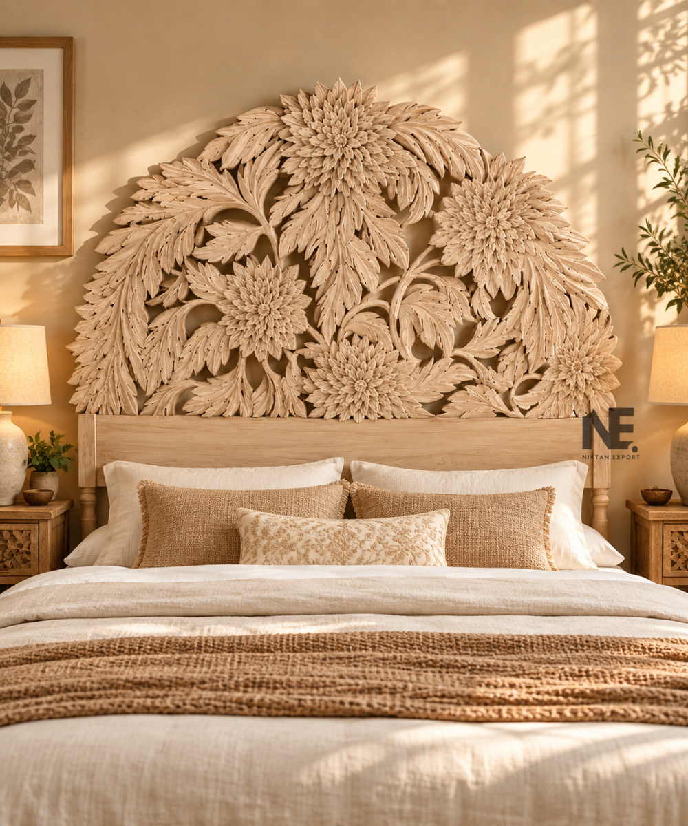 Solid wood bed frame with floral carving