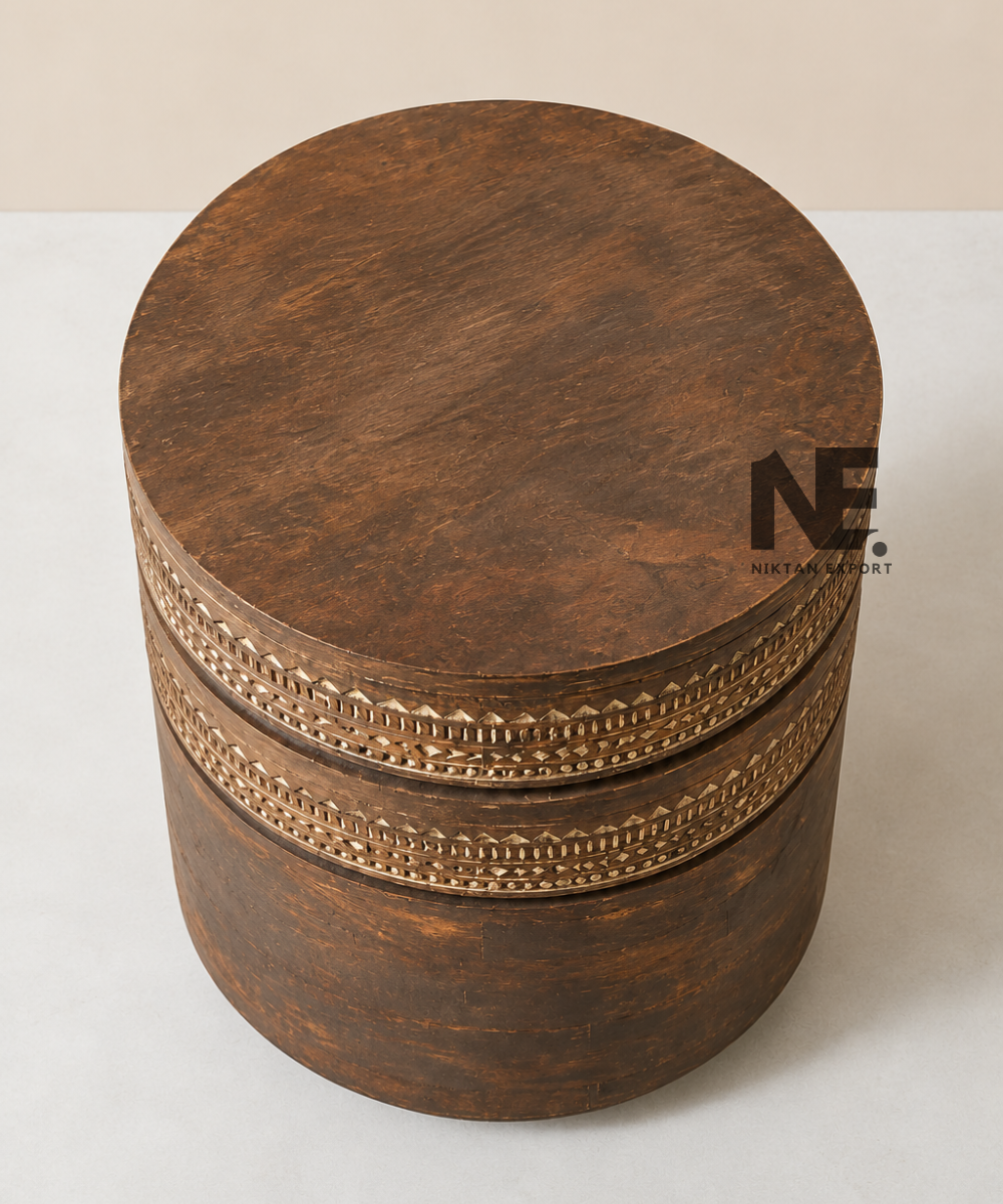 Round top wooden accent stool with geometric carved bands