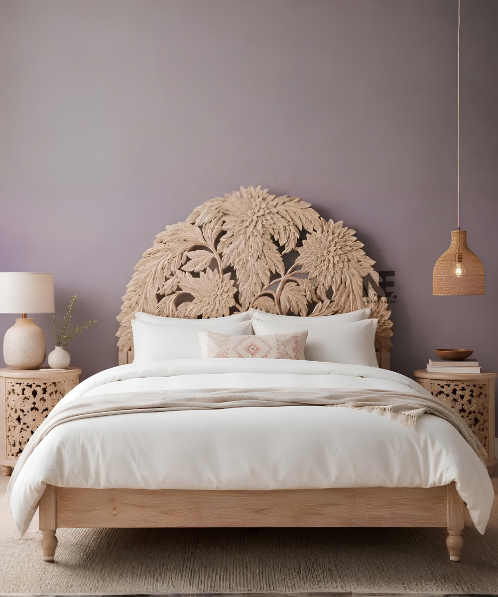 Hand-carved floral wood bed frame