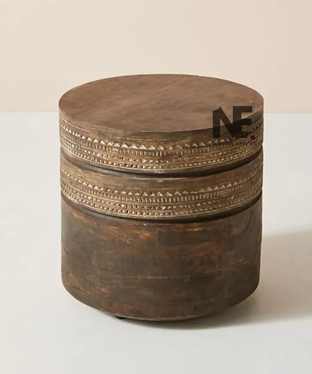 Dark walnut cylindrical wooden stool front view
