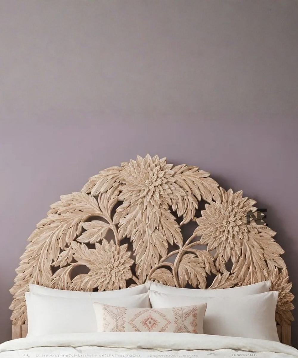 Hand-carved wooden bed with oversized floral headboard