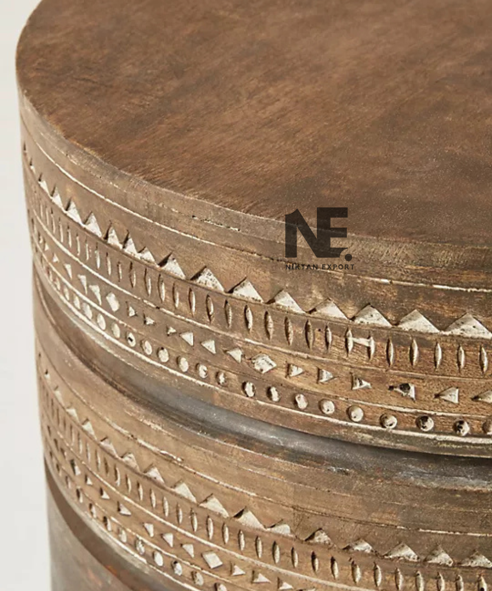Natural wood carved stool with round top