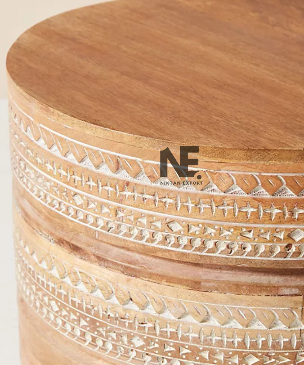 Close-up of decorative geometric bands on wooden stool
