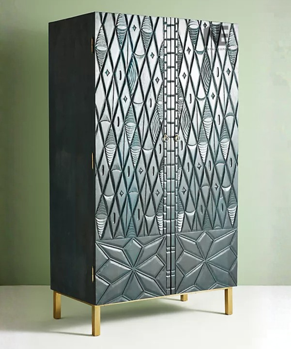 Geometric carved armoire with gold-tone ring handles