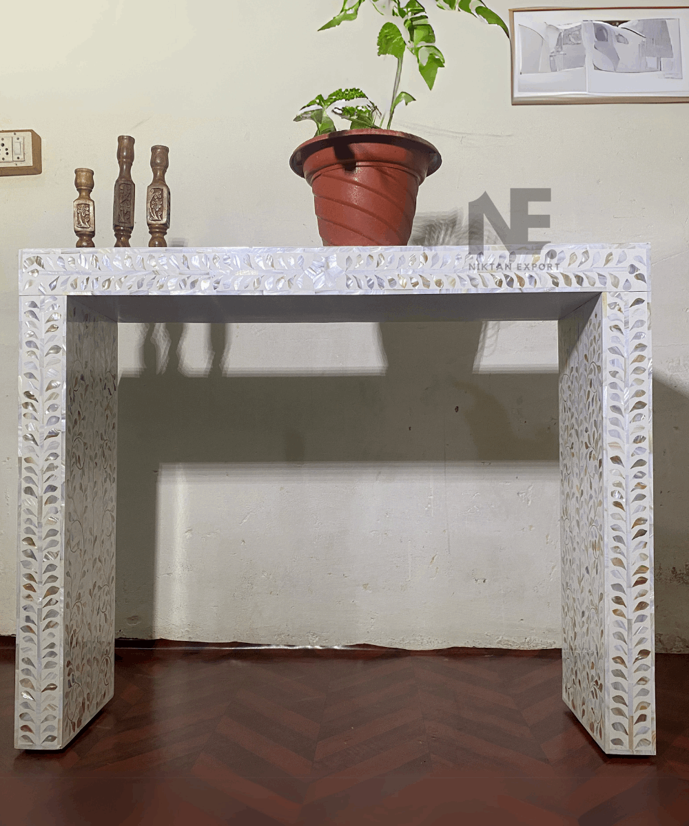 White floral Mother of Pearl console table front view
