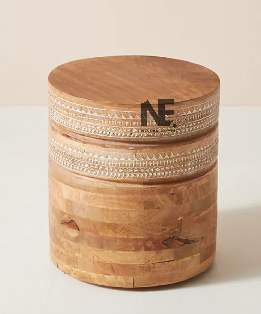 Round wooden stool showing natural wood grain