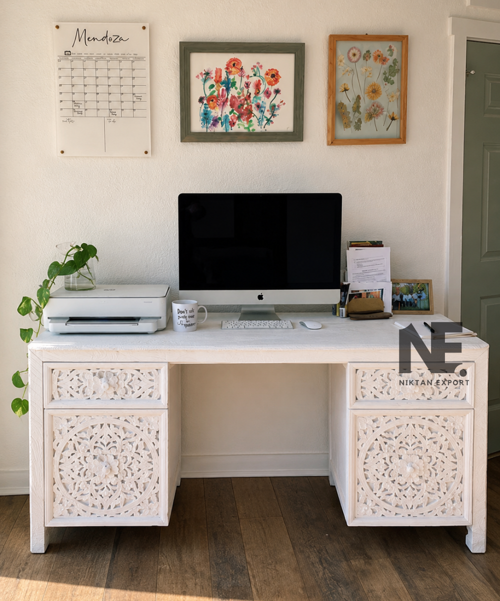 White carved wooden writing desk with floral details