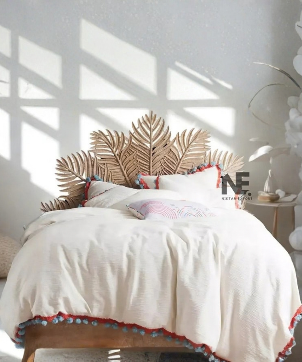 Tropical leaf carved wooden bed frame