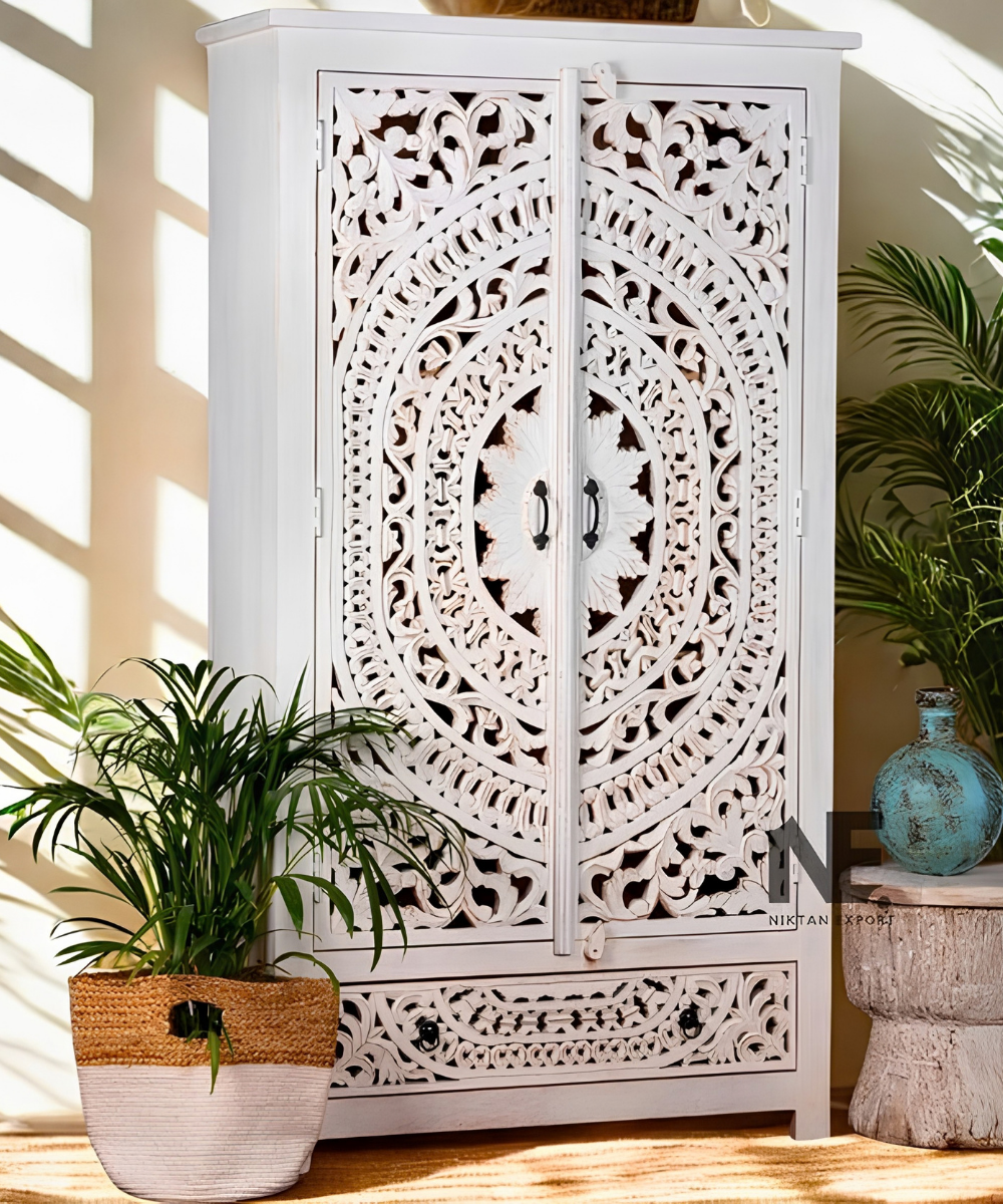 Hand-carved 2-door wooden wardrobe