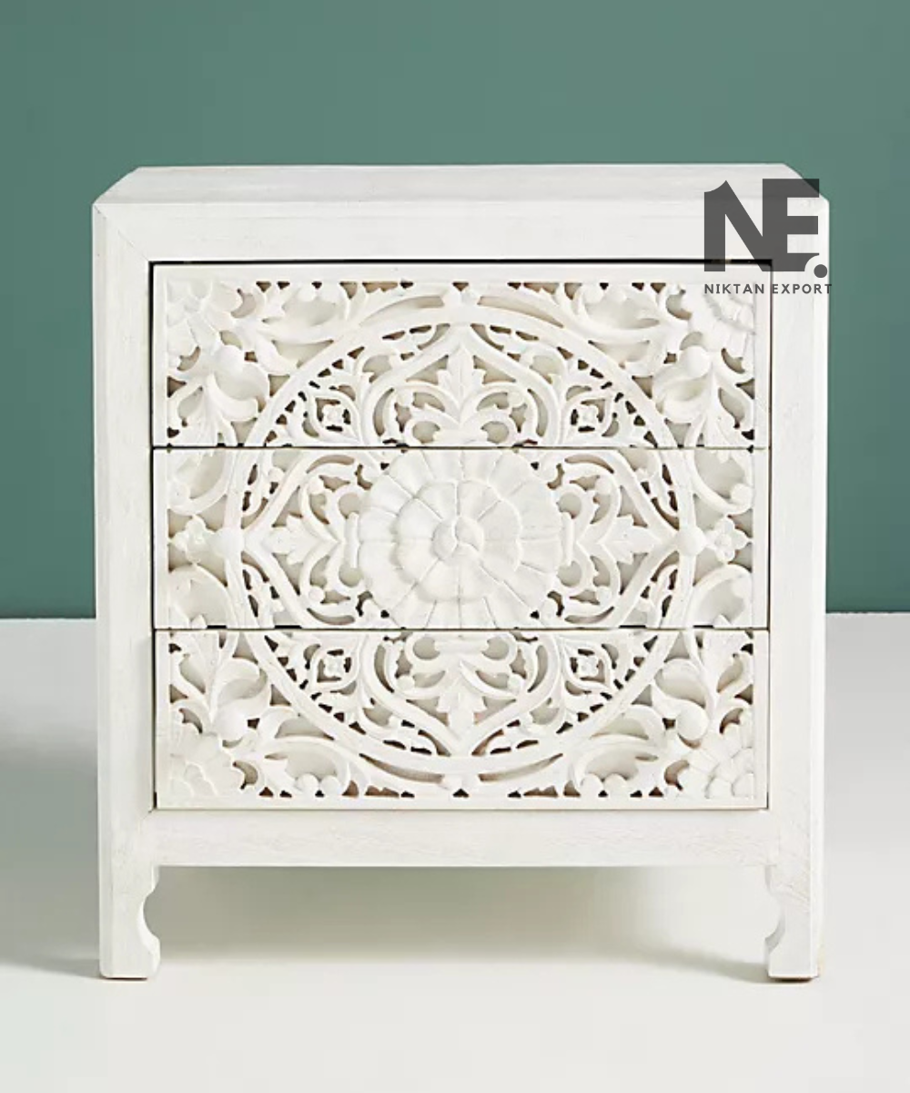 White wooden nightstand with decorative circular floral pattern
