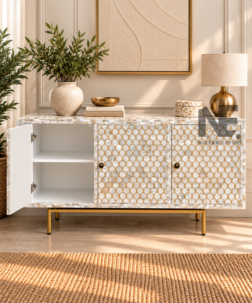 Mother of Pearl 3-Door Sideboard – Scallop Inlay Cabinet