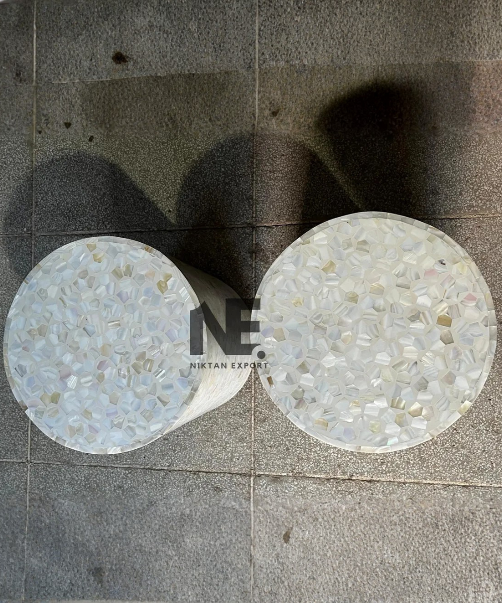 Round mother of pearl bedside table