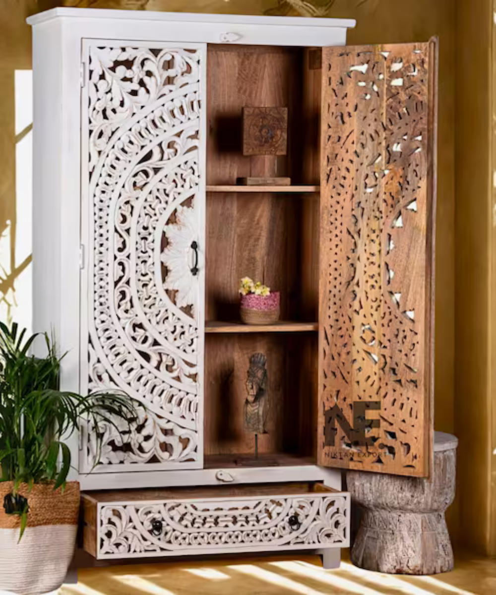 Solid mango wood wardrobe with carved doors