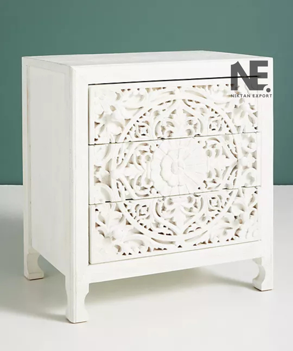 Three-drawer carved bedside cabinet in white finish