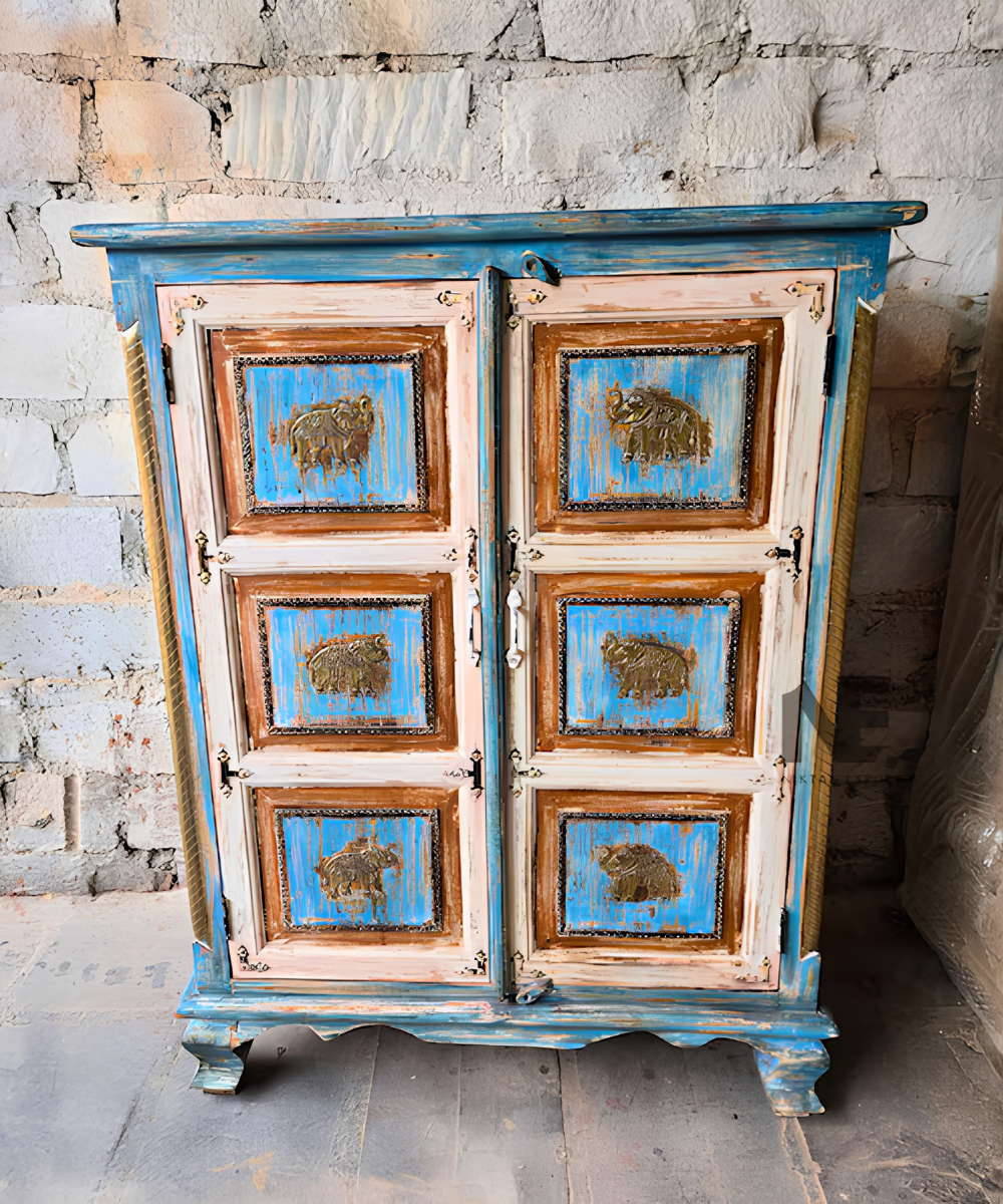 Rustic blue distressed wooden cabinet