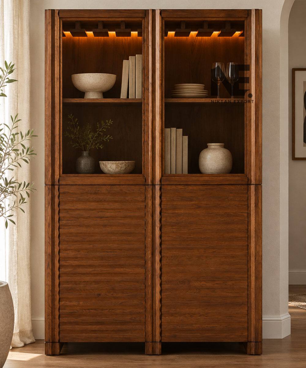 Walnut wooden display cabinet with warm LED lighting