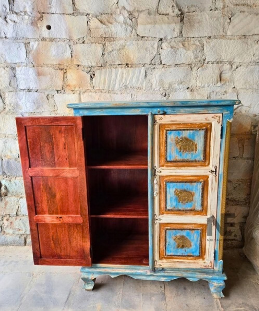 Distressed blue farmhouse storage cabinet