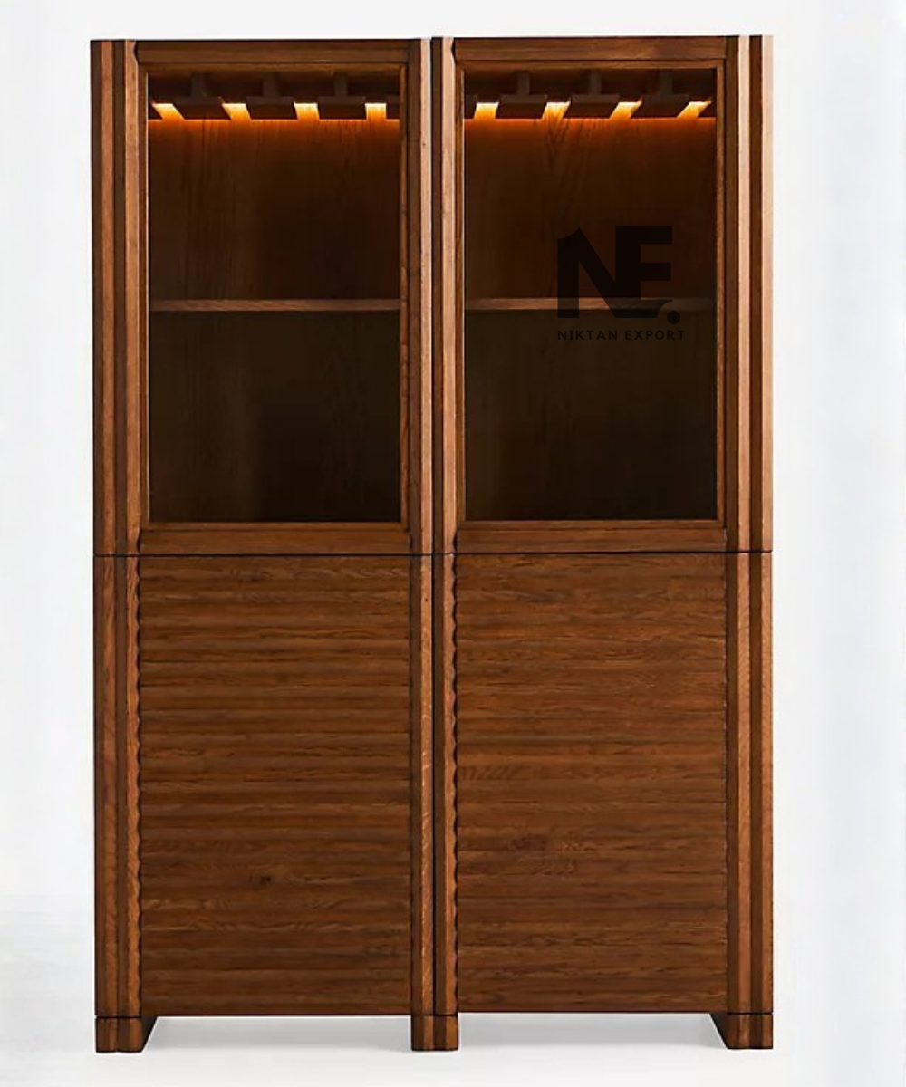 Front view of tall walnut-brown display cabinet
