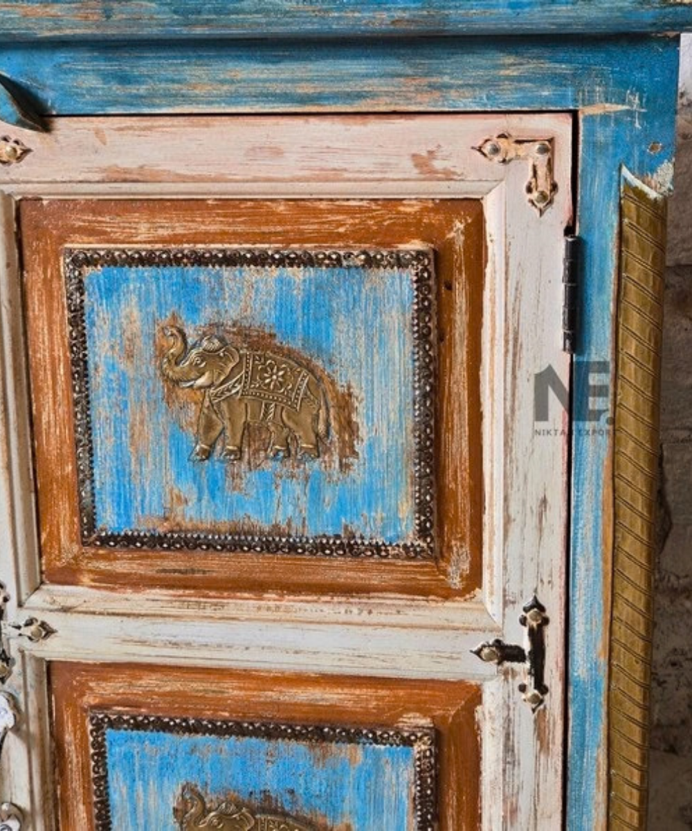 Solid mango wood blue distressed cabinet