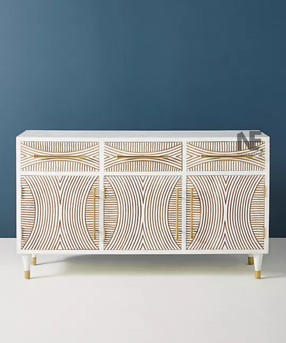 White geometric sideboard with curved linear door patterns