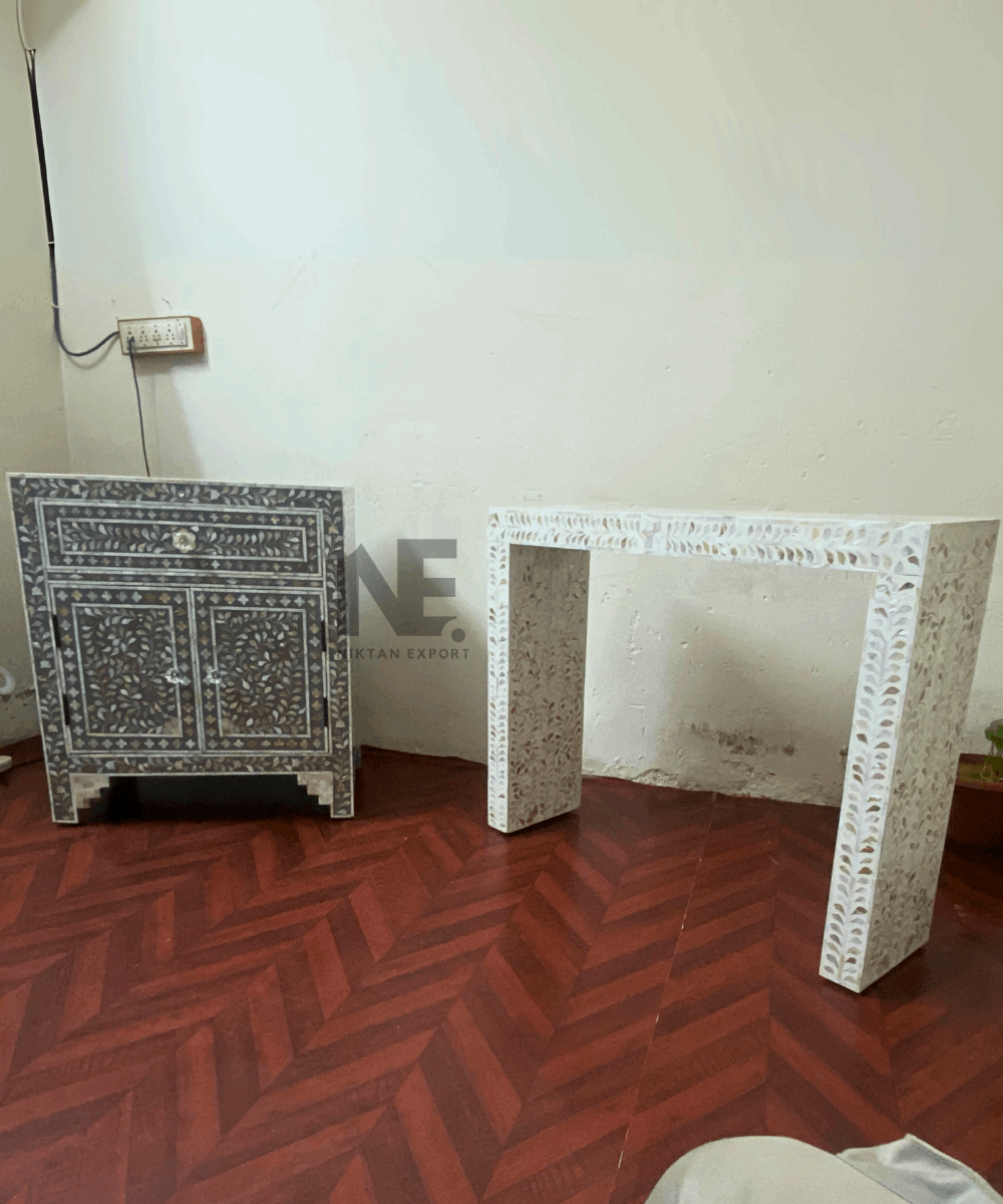 Handcrafted white Mother of Pearl console and bedside table set