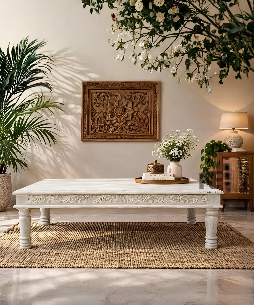 Hand-carved mango wood coffee table