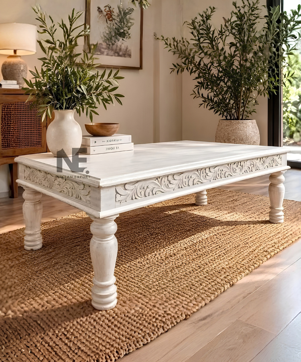Whitewashed hand-carved mango wood coffee table