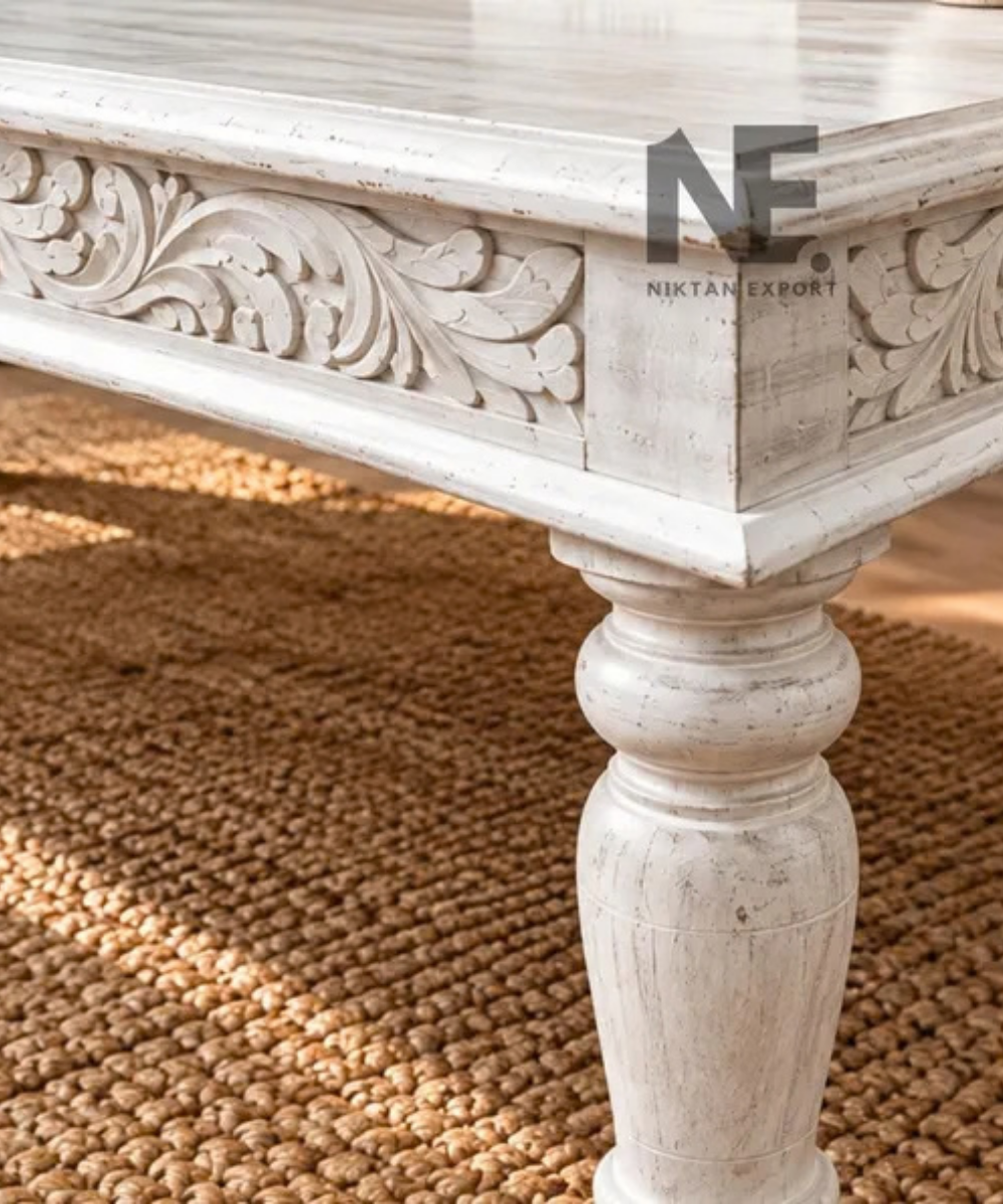 Solid mango wood coffee table with carved detailing