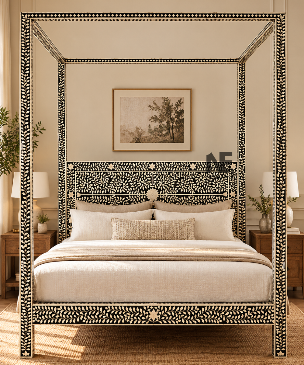 Black and ivory bone inlay four-poster canopy bed