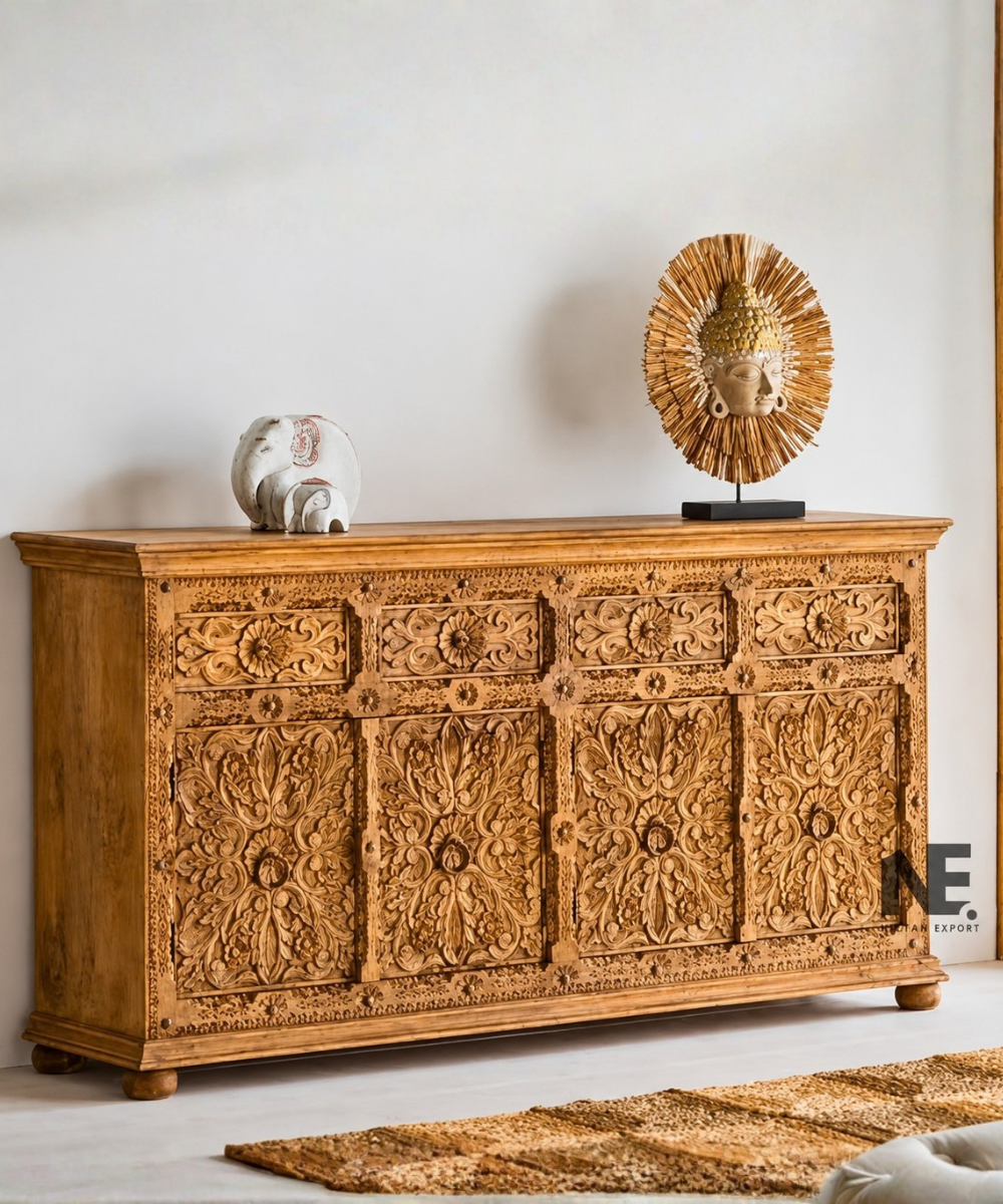 Solid mango wood sideboard with carved detailing
