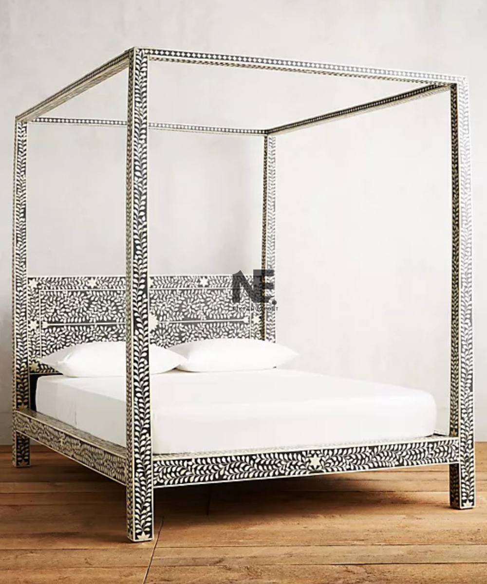 Front view of black and ivory bone inlay canopy bed