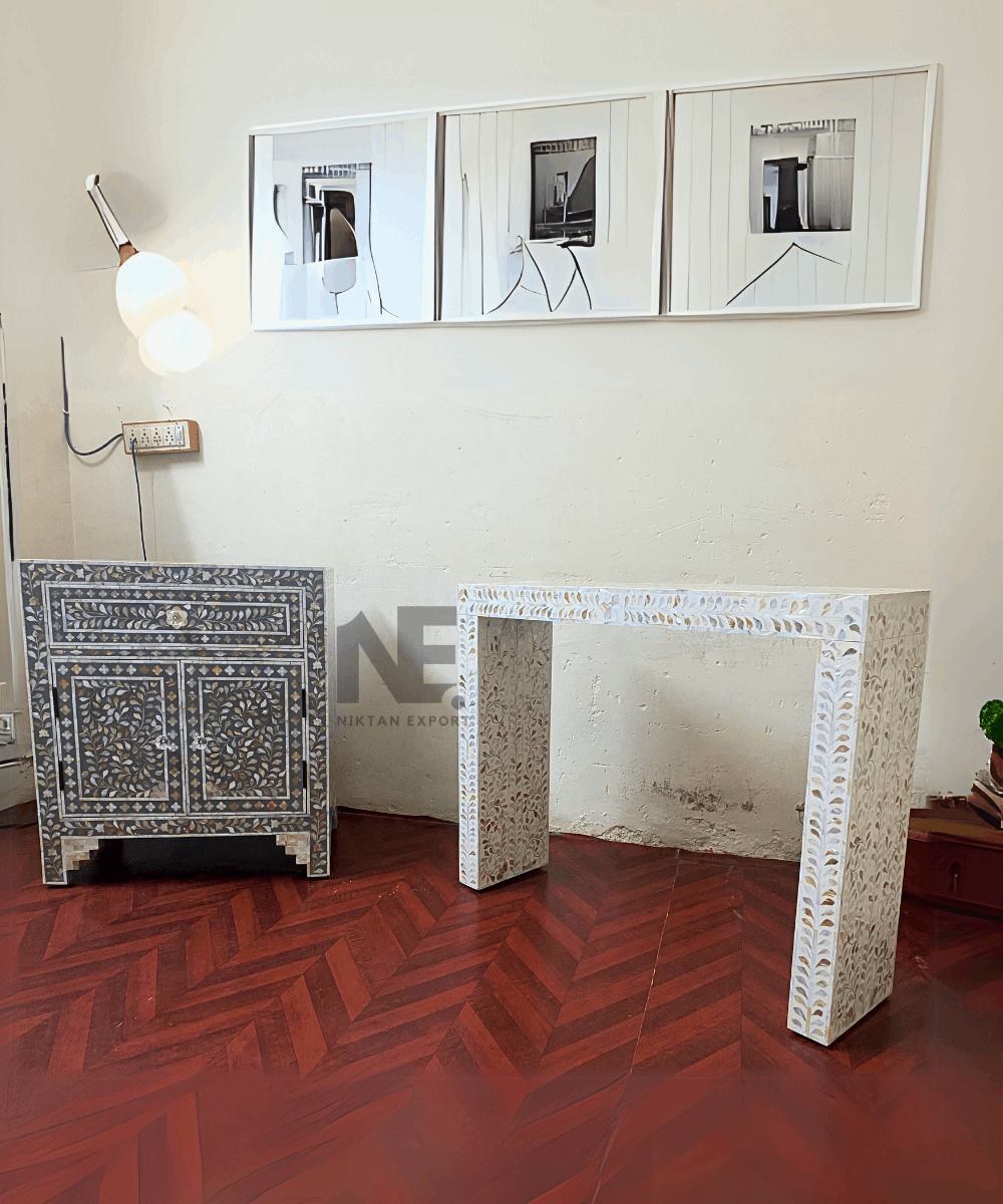 Handcrafted white Mother of Pearl console and bedside table set