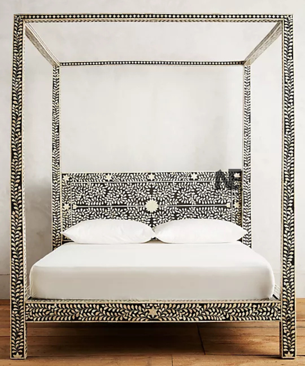 Decorative bone inlay headboard with floral detailing