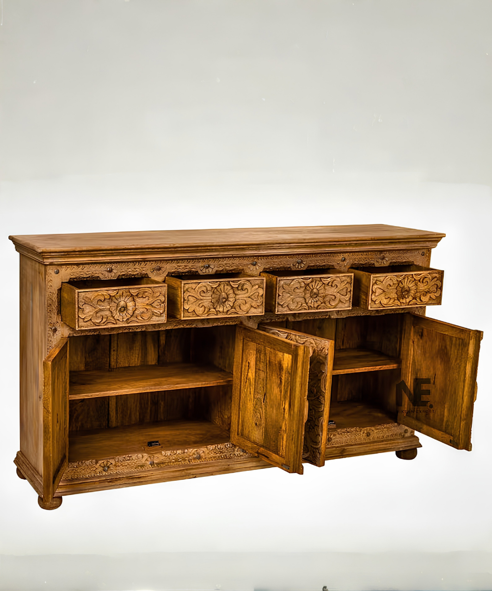 Carved mango wood sideboard with four drawers