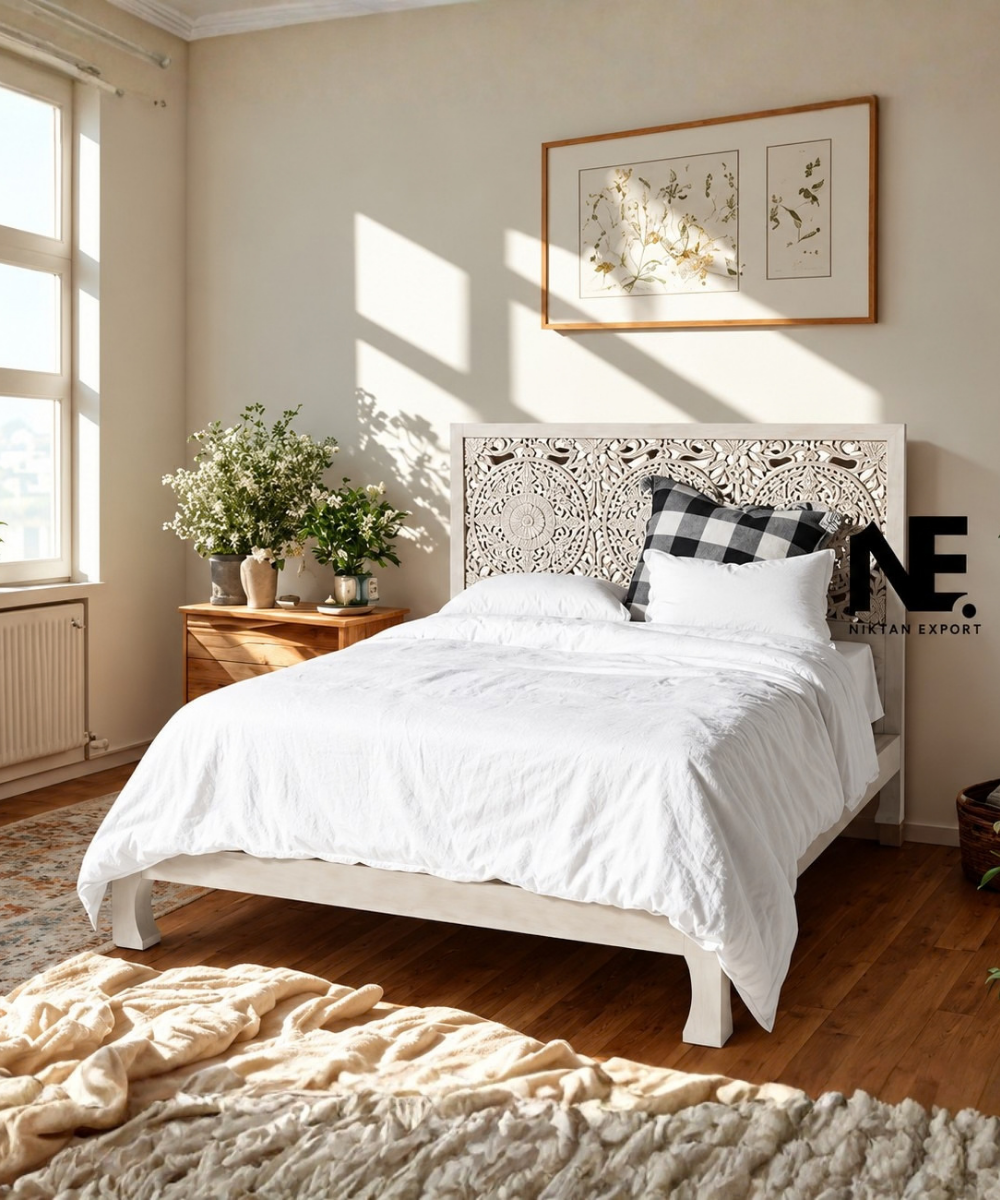 Whitewashed hand-carved mango wood bed