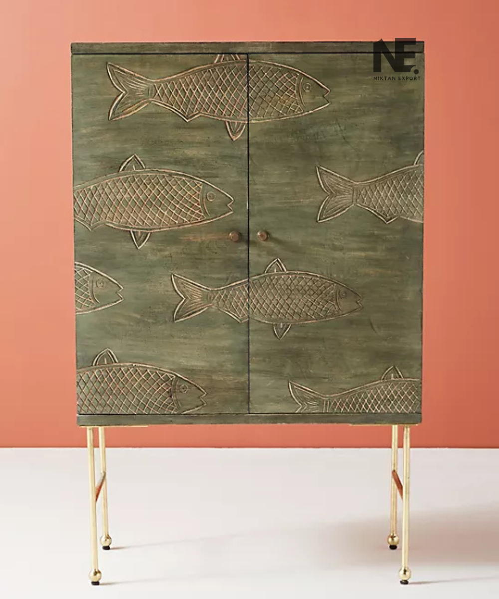 Rustic olive green storage cabinet with gold-tone metal legs