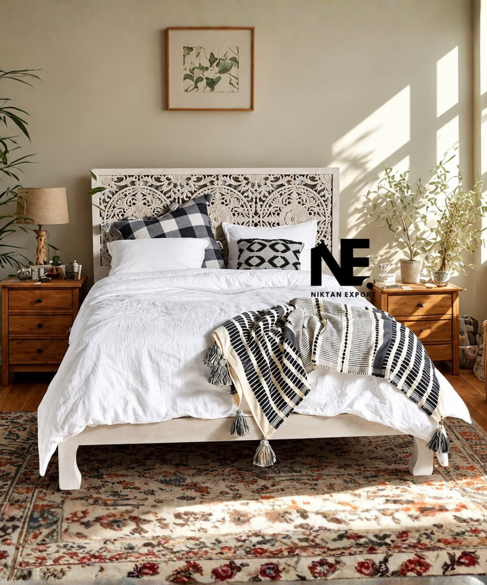 Floral carved mango wood bed frame