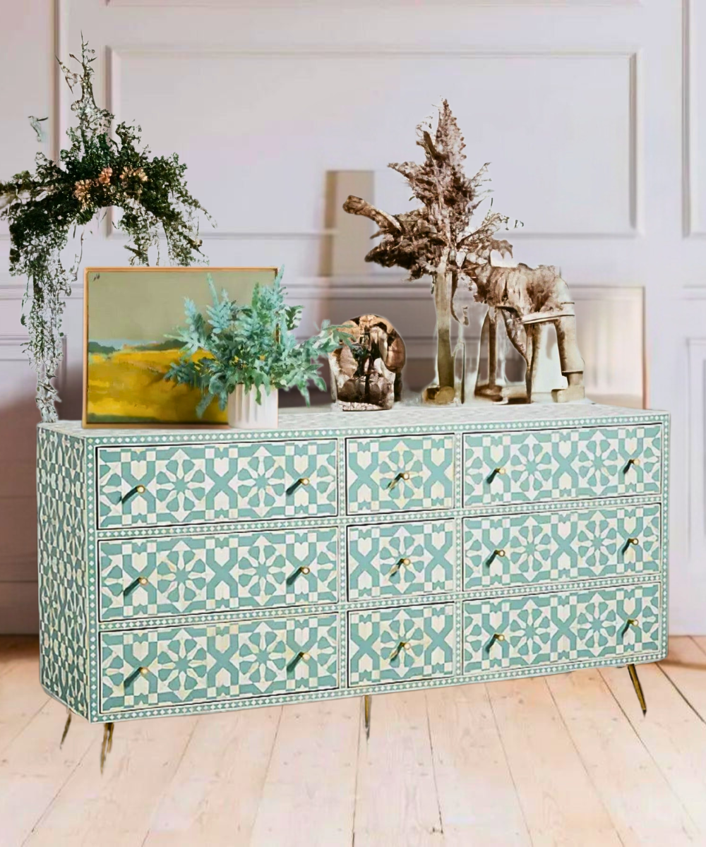 Niktan Export Bone Moroccan Inlay 9-Drawer Dresser Chest of Drawers Niktan Export Bone Moroccan Inlay 9-Drawer Dresser Chest of Drawers
