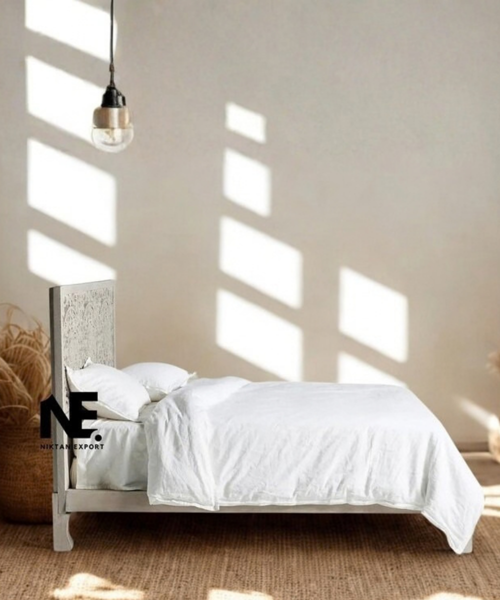 Whitewashed floral wooden bed