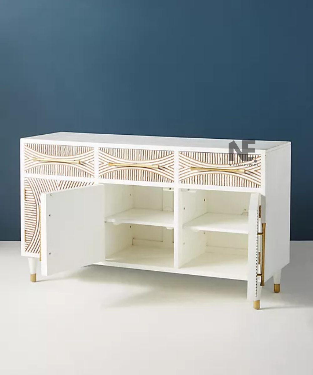 Contemporary white and gold storage cabinet with six front sections